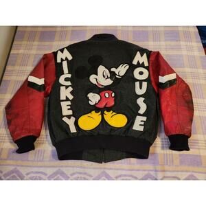 Vintage Disney Mickey Mouse Leather Bomber Jacket 90s Varsity Coat Medium Rare